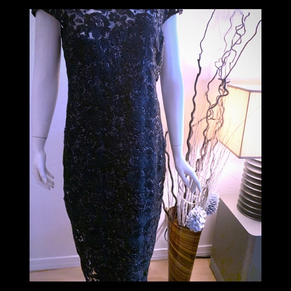 MARINA Black Short sleeve Lace Metallic Dress - Picture 5 of 8